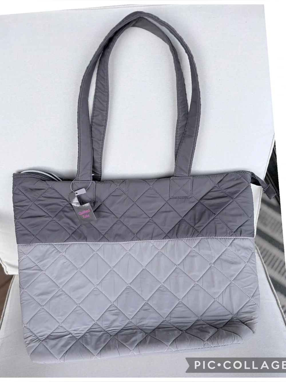 NWT Lightweight Gray Quilted Two-Tone Tote Bag Shoulder Carryall Travel Everyday
